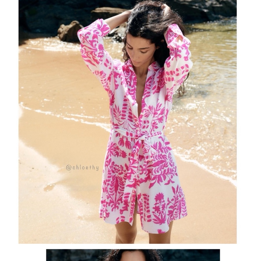 Zara White and Pink Printed Shirt Dress